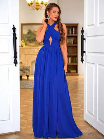 LOVE&LEMONADE Vestido de vestir cruzado delantero de cuello halter de espalda abierta de gasa