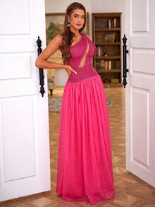 LOVE&LEMONADE 派對亮片拼接 挖空 拉鍊純色女士連衣裙 - 玫紅色 - 查看 6