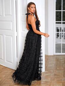 LOVE&LEMONADE 繞頸露背網紗覆蓋連衣裙 - 黑色 - 查看 3