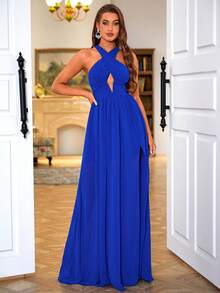 LOVE&LEMONADE 交叉圍裹前繞頸露背雪紡正式連衣裙