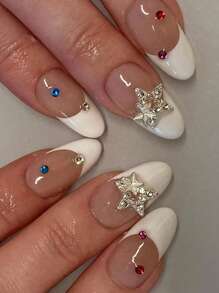 Instantly Upgrade Your Look With 24pcs Long Almond French Style 3D Rhinestone Star Decor Full Cover Fake Nail Set - Multicolor - View 1