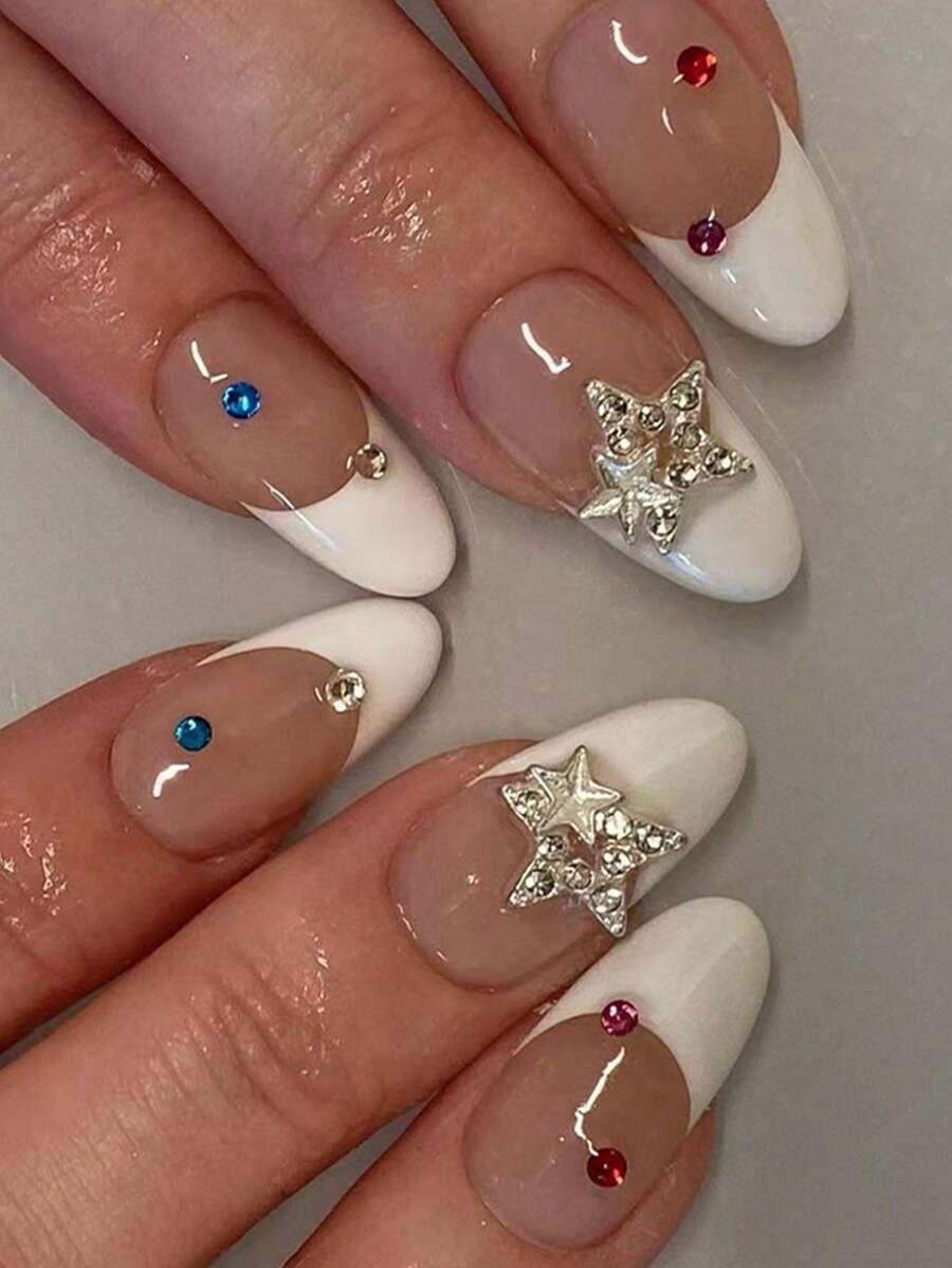 Instantly Upgrade Your Look With 24pcs Long Almond French Style 3D Rhinestone Star Decor Full Cover Fake Nail Set - Multicolor - View 1