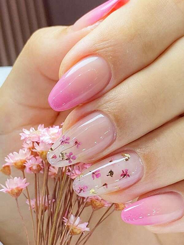 Upgrade Your Look With 24pcs Long Almond Flower Pattern Full Cover Fake Nail Kit