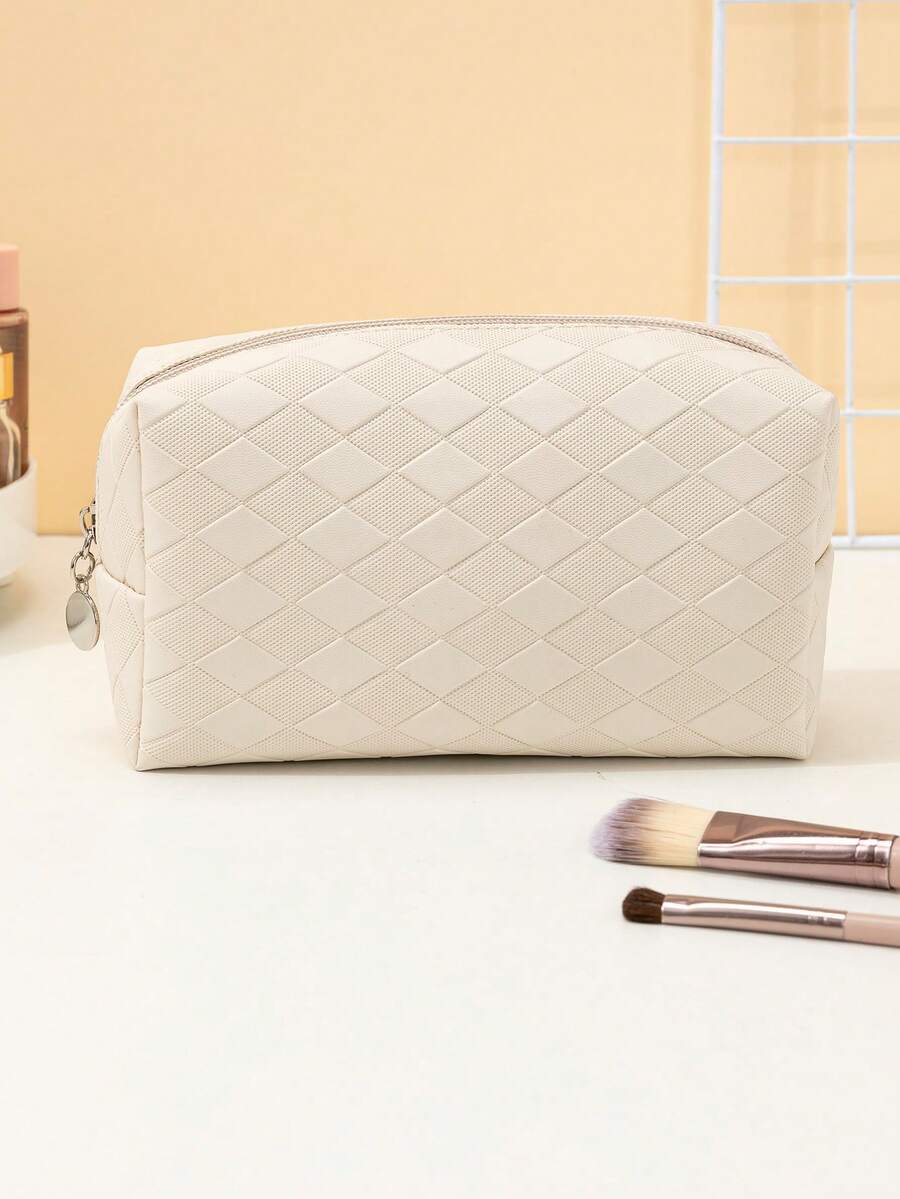 1pc Plaid Pattern PU Square Makeup Bag - Khaki - View 1