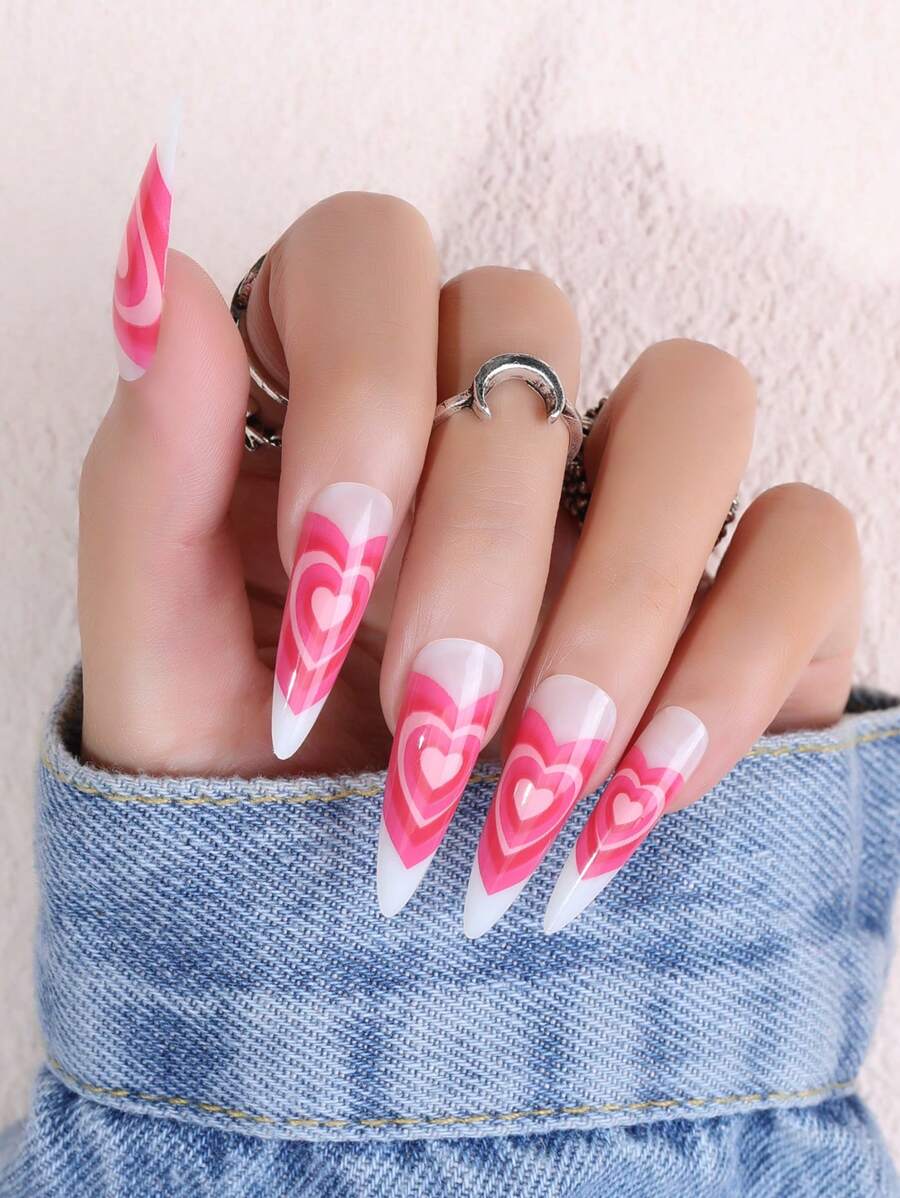 Instantly Upgrade Your Look With 24pcs Long Almond Heart Pattern Full Cover Fake Nail Set - Pink - View 1