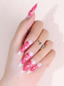 Instantly Upgrade Your Look With 24pcs Long Almond Heart Pattern Full Cover Fake Nail Set - Pink - View 4