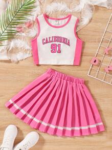 Sparklyn Tween Girl Letter Graphic Tank Top & Pleated Skirt - Multicolor - View 1