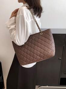 衍縫單肩托特包棕色鏈條帶辦公 - 棕色 - 查看 1