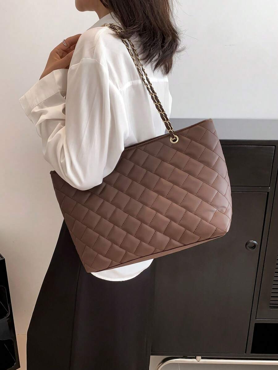 衍縫單肩托特包棕色鏈條帶辦公 - 棕色 - 查看 1