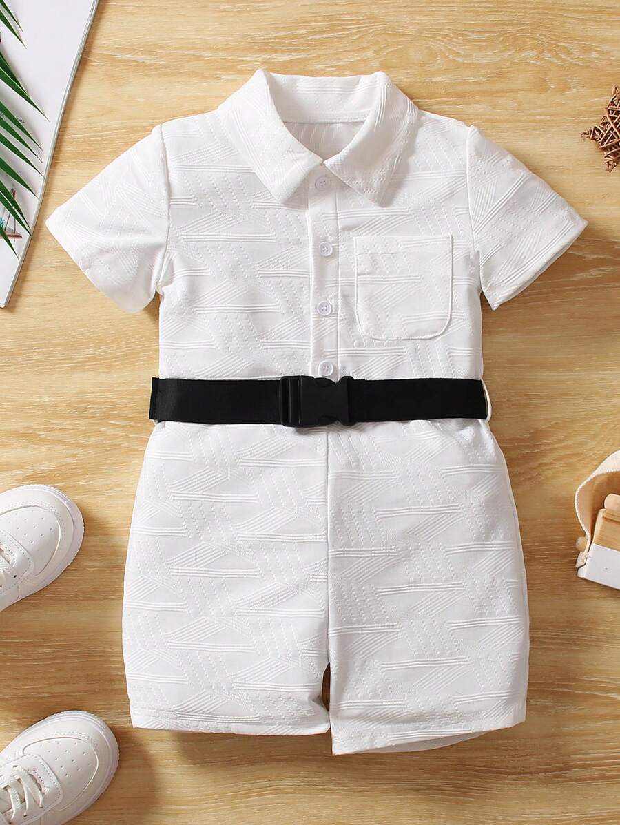 SHEIN 小男童補丁貼口袋襯衫連體短褲