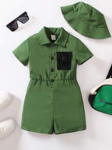 SHEIN 小男童翻蓋口袋襯衫連體短褲和帽