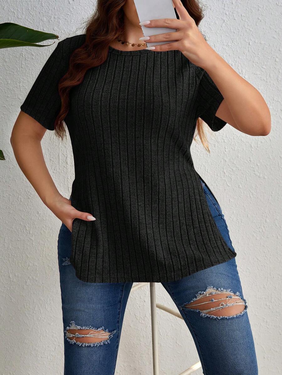 SHEIN Essnce Plus Split Hem Ribbed Knit Tee - Black - View 1