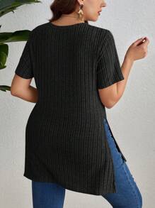 SHEIN Essnce Plus Split Hem Ribbed Knit Tee - Black - View 2