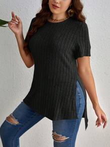 SHEIN Essnce Plus Split Hem Ribbed Knit Tee - Black - View 4