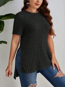 SHEIN Essnce Plus Split Hem Ribbed Knit Tee - Black - View 5
