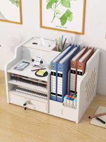 1pc Wooden Desk Holder, Simple Multi-grid Stationery Storage Box For Office, Student Stationery Storage - White - View 1