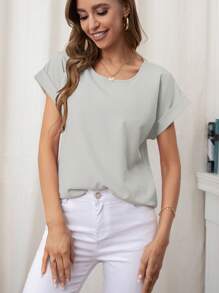 SHEIN LUNE Blusa unicolor de manga murciélago - Gris Claro - Ver 4