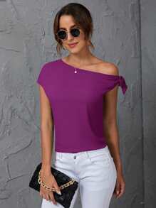 SHEIN Clasi Solid Asymmetrical Neck Knot Detail Blouse - Red Violet - View 1