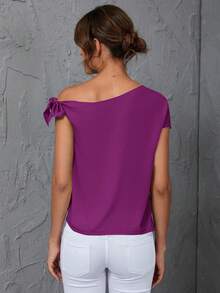 SHEIN Clasi Solid Asymmetrical Neck Knot Detail Blouse - Red Violet - View 2