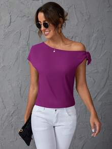 SHEIN Clasi Solid Asymmetrical Neck Knot Detail Blouse - Red Violet - View 3