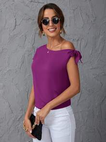 SHEIN Clasi Solid Asymmetrical Neck Knot Detail Blouse - Red Violet - View 5