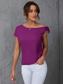 SHEIN Clasi Solid Asymmetrical Neck Knot Detail Blouse - Red Violet - View 6