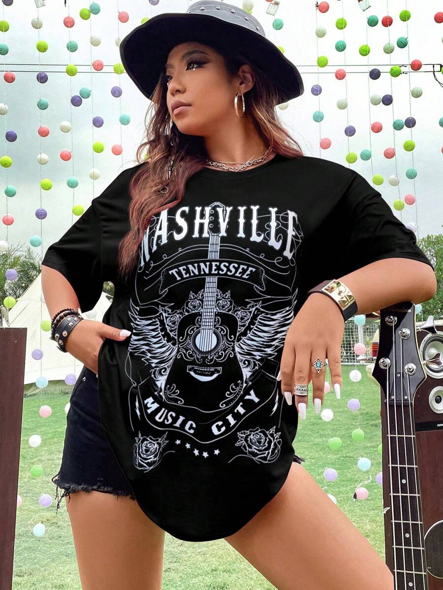 Flirla Áo thun Plus size Đồ họa Lá thư Giải trí - màu đen - Xem 1