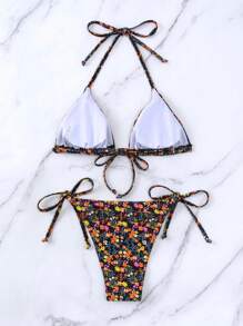 Ditsy Floral Print Halter Triangle Bikini Set For Summer Beach - Multicolor - View 3