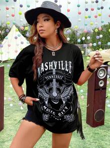 Flirla Áo thun Plus size Đồ họa Lá thư Giải trí - màu đen - Xem 3