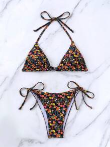 Ditsy Floral Print Halter Triangle Bikini Set For Summer Beach - Multicolor - View 6