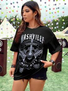 Flirla Áo thun Plus size Đồ họa Lá thư Giải trí - màu đen - Xem 5