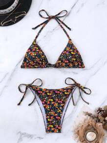 Ditsy Floral Print Halter Triangle Bikini Set For Summer Beach - Multicolor - View 7