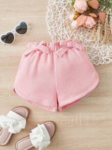 SHEIN Baby Waffle Knit Bow Front Shorts - Baby Pink - View 1