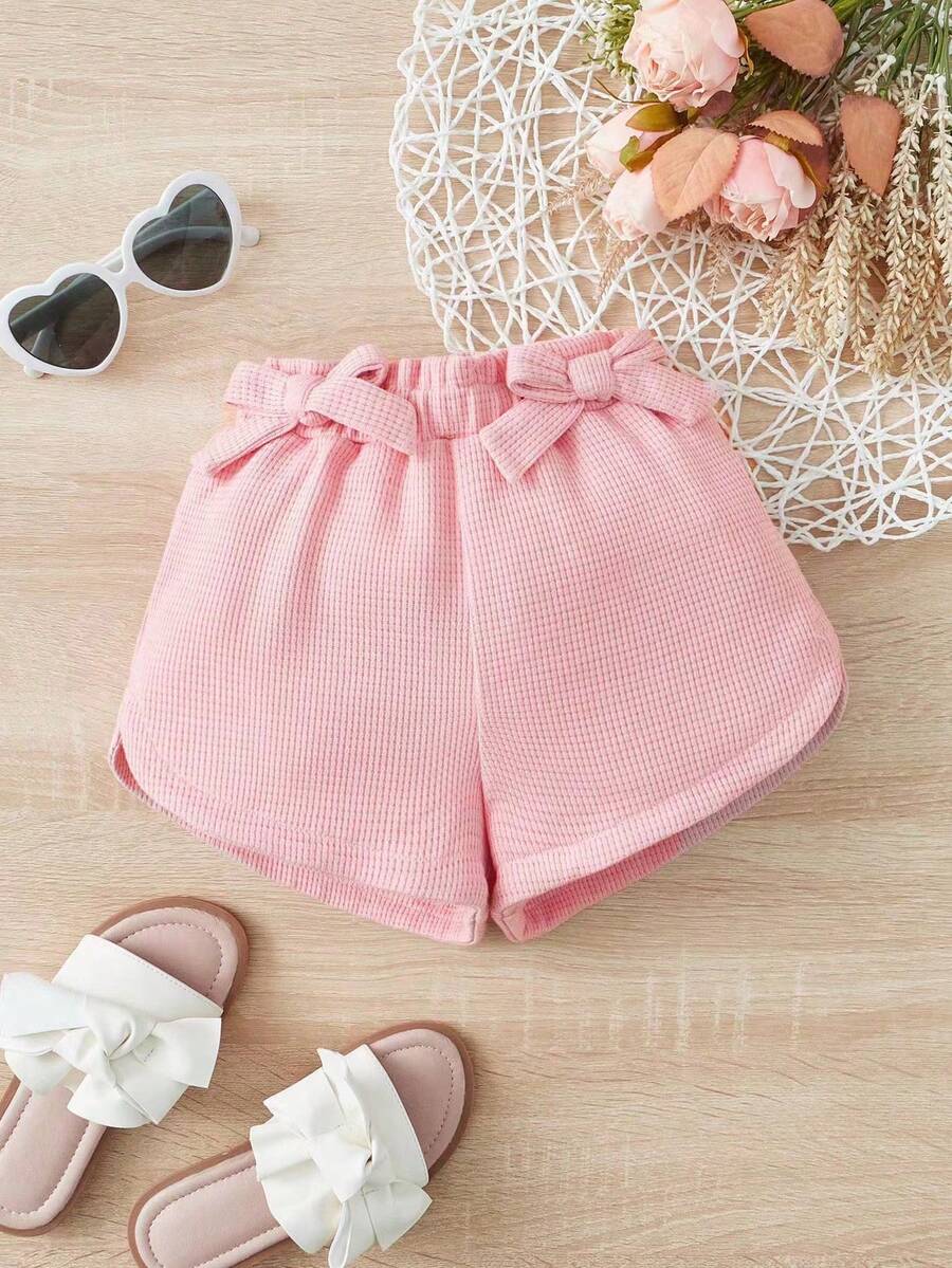 SHEIN Baby Waffle Knit Bow Front Shorts - Baby Pink - View 1