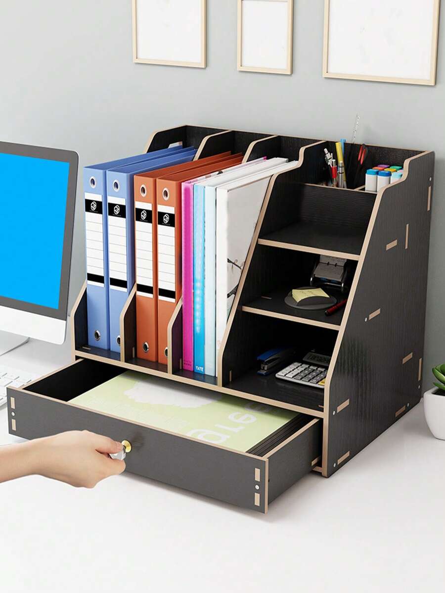 1pc Wooden Desk Holder, Simple Multi-grid Stationery Storage Box For Office, Student Stationery Storage - Black - View 1