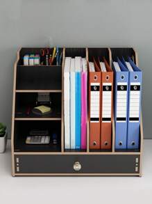 1pc Wooden Desk Holder, Simple Multi-grid Stationery Storage Box For Office, Student Stationery Storage - Black - View 4