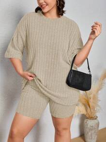 SHEIN EZwear 大碼落肩T恤和短褲 - 卡其色 - 查看 5