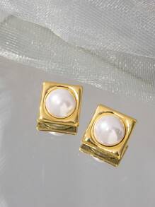 1對金色方形假珍珠裝飾語錄耳環