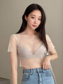 DAZY Lettuce Trim Crop Top Without Bra - Apricot - View 7