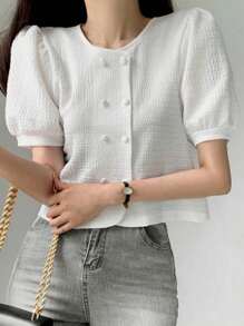 Solid Button Front Puff Sleeve Blouse - White - View 1
