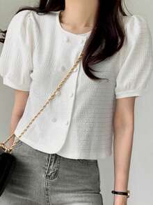 Solid Button Front Puff Sleeve Blouse - White - View 5