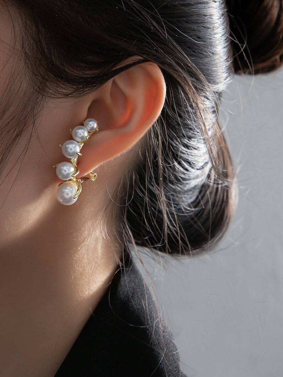 1對金色假珍珠優雅風格誇張耳環 - 金黃色 - 查看 1