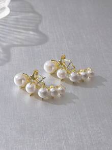 1對金色假珍珠優雅風格誇張耳環 - 金黃色 - 查看 4