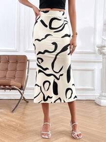 SHEIN Privé Graphic Print Mermaid Hem Skirt - Black and White - View 5
