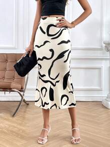SHEIN Privé Graphic Print Mermaid Hem Skirt - Black and White - View 6