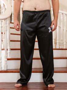 Extended Sizes Men Letter Graphic Drawstring Waist Sleep Trousers - Black - View 1