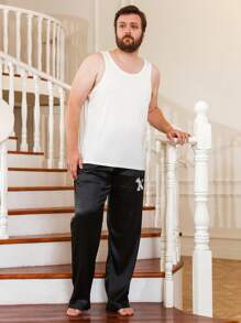 Extended Sizes Men Letter Graphic Drawstring Waist Sleep Trousers - Black - View 3