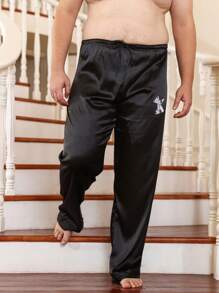 Extended Sizes Men Letter Graphic Drawstring Waist Sleep Trousers - Black - View 4