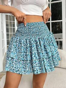 SHEIN VCAY 碎花雙層下擺半身裙 - 藍色 - 查看 1