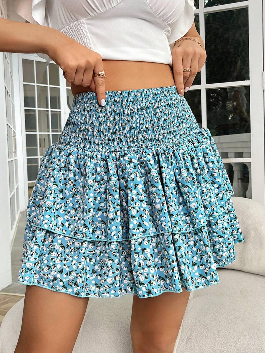 SHEIN VCAY 碎花雙層下擺半身裙 - 藍色 - 查看 1